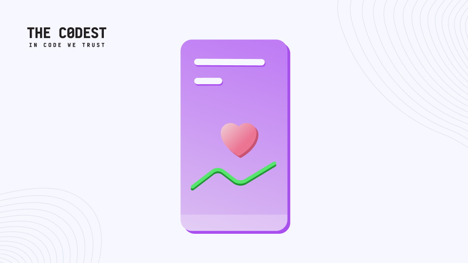 رسم توضيحي لتطبيق رعاية صحية على الهاتف الذكي مع أيقونة قلب ومخطط صحي متصاعد، يحمل شعار The Codest، ويمثل حلول الصحة الرقمية وحلول التكنولوجيا الصحية.