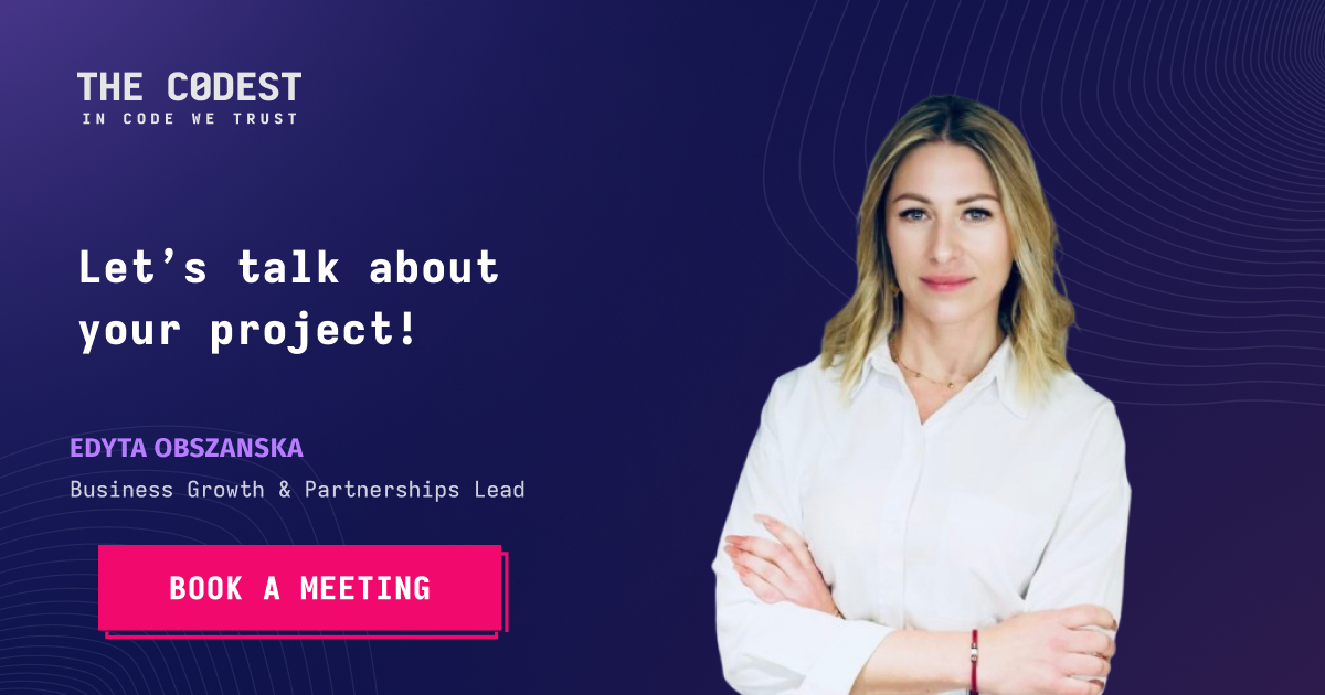 Kontaktbanner für The Codest mit Edyta Obszanska, Business Growth & Partnerships Lead, mit dem Text "Lassen Sie uns über Ihr Projekt sprechen" und einem Call-to-Action-Button "Buchen Sie ein Treffen".