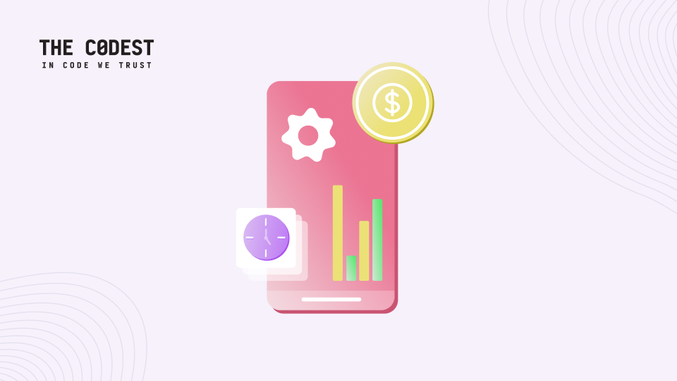 هو غلاف مدونة Codest مع رسم توضيحي بسيط لهاتف ذكي يعرض أشرطة التحليلات، بالإضافة إلى أيقونات للإعدادات والوقت وعملة معدنية ترمز إلى تطوير تطبيقات التكنولوجيا المالية والمدفوعات الرقمية.