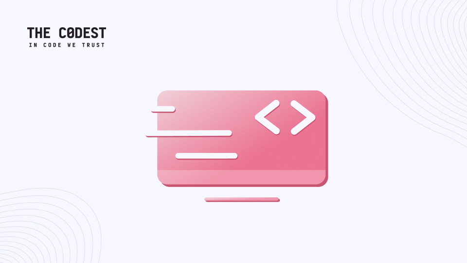 Απεικόνιση ενός ροζ παραθύρου υπολογιστή με αγκύλες κώδικα και γραμμές κίνησης, δίπλα στο λογότυπο The Codest με το σλόγκαν "In Code We Trust".