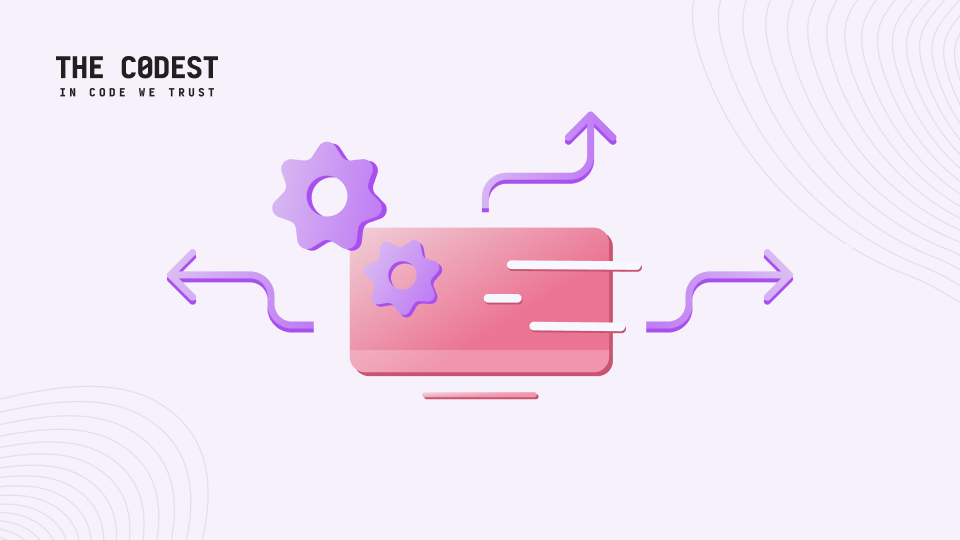 Illustration of bespoke software development with gears and directional arrows around a central application, branded The Codest.