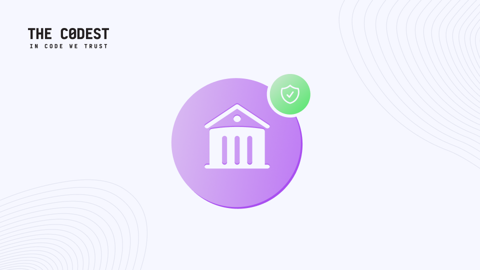 Εικόνα ασφαλείας FinTech με εικονίδιο τράπεζας και σύμβολο προστατευτικής ασπίδας, που αντιπροσωπεύει ασφαλείς λύσεις χρηματοοικονομικής τεχνολογίας από την The Codest.