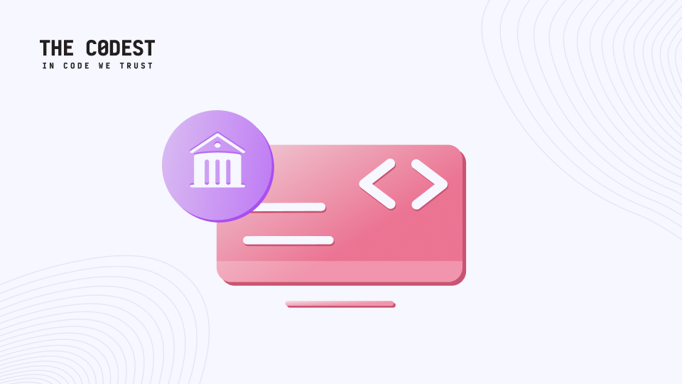 Illustration of a financial institution icon connected to a software development interface, representing product-minded engineering in FinTech.