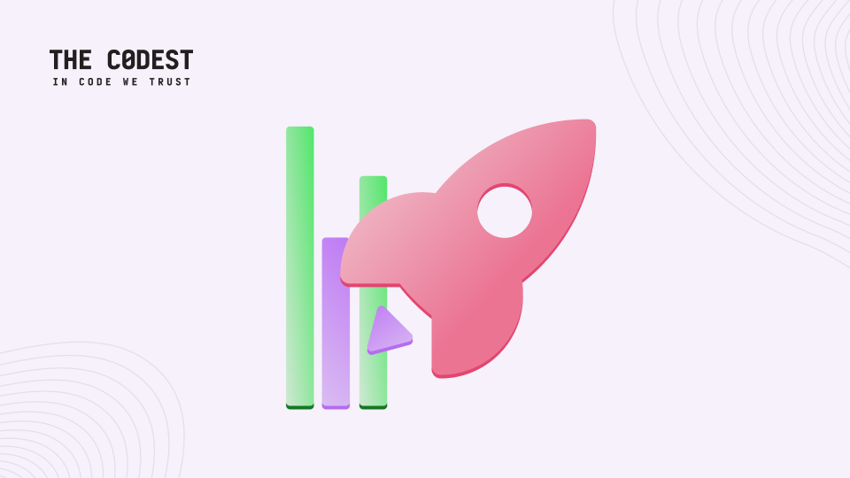 Illustration of a rocket launching beside a bar chart, representing project growth, product acceleration, and business performance