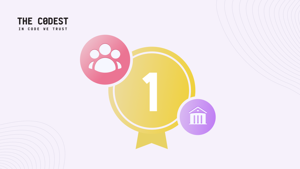 Top-Software-Entwicklungsteam Erweiterungspartner für digitale Banking-Compliance-Illustration mit Gold Nummer eins Abzeichen, Team-Symbol, und Banking-Symbol von The Codest