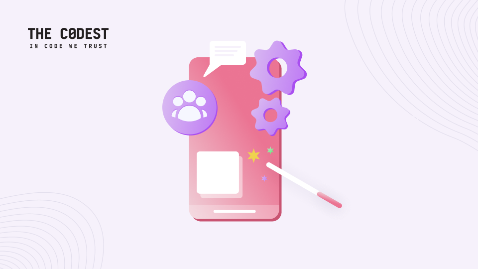 Ilustración de la interfaz de una aplicación móvil con iconos de equipo, chat y configuración que representan el apoyo a la entrega de productos para FinTech scaleups.