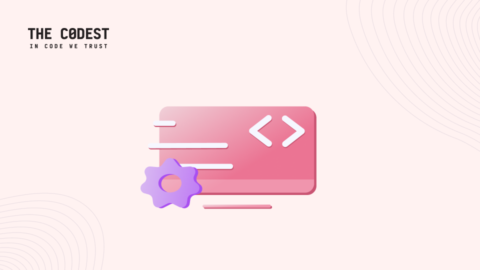 Minimalist illustration featuring The Codest branding with a stylized code window icon in pink tones, accompanied by motion lines and a gear symbol, representing software development and engineering.