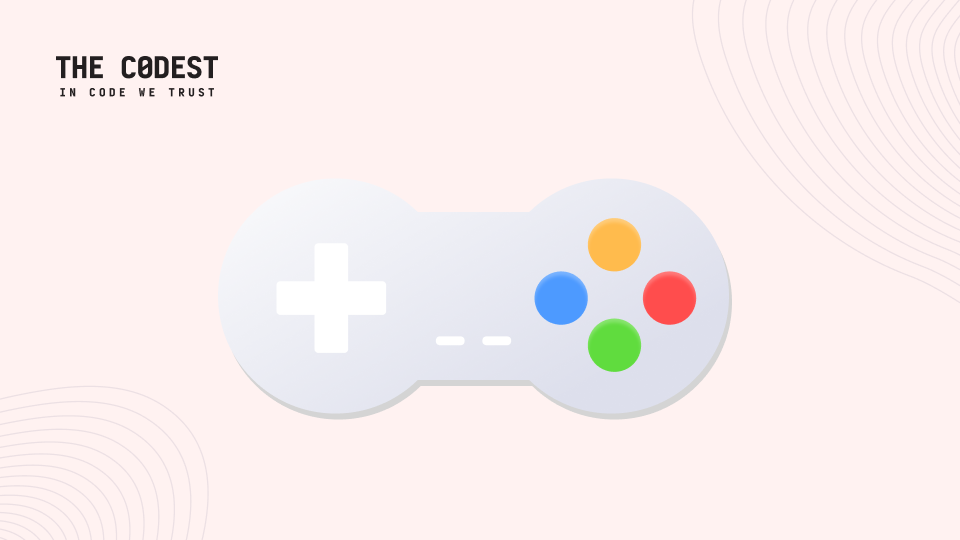 Ilustração minimalista de um comando de jogos de estilo retro com botões coloridos sobre um fundo bege suave. O canto superior esquerdo apresenta o logótipo The Codest e o slogan “In Code We Trust”. Os padrões de linhas circulares decorativas aparecem nos cantos, dando ao gráfico uma estética moderna inspirada na tecnologia.