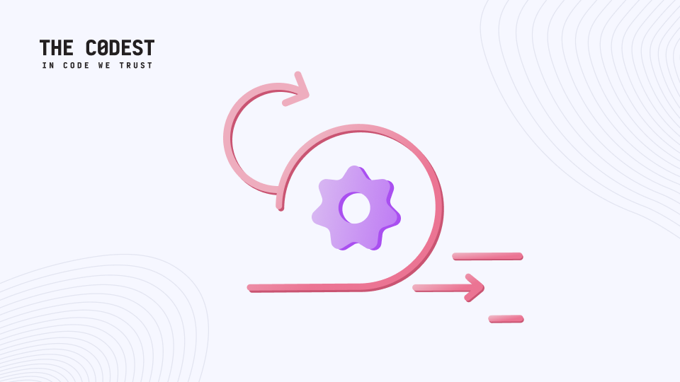 Illustrazione di The Codest che mostra frecce circolari che circondano un'icona a forma di ingranaggio, simbolo di flussi di lavoro agili, cicli di iterazione e processi Scrum nell'ingegneria del software.