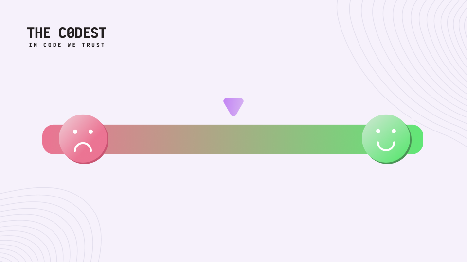 Illustrazione di The Codest che mostra una scala di soddisfazione del cliente con una faccia rosa triste a sinistra che passa a una faccia verde felice a destra lungo un cursore sfumato, che simboleggia il miglioramento, le prestazioni o la soddisfazione di team. Lo sfondo è grigio chiaro con sottili motivi di linee circolari e il logo The Codest nell'angolo in alto a sinistra.