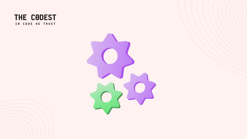 Minimalistisches Blog-Cover für The Codest mit drei pastellfarbenen Zahnradsymbolen in Lila und Grün auf zartbeigem Hintergrund, mit dezenten kreisförmigen Linienmustern in den Ecken und dem The Codest-Logo oben links.